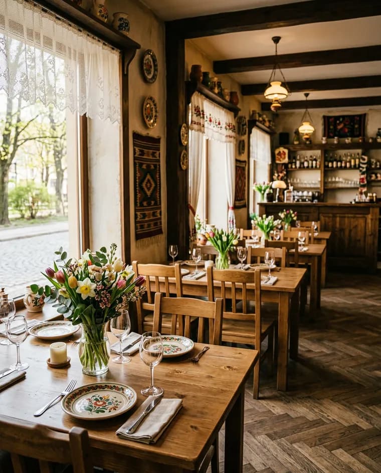 Wnętrze restauracji z wiosennymi kwiatami — grafika wygenerowana przez PlannerMag